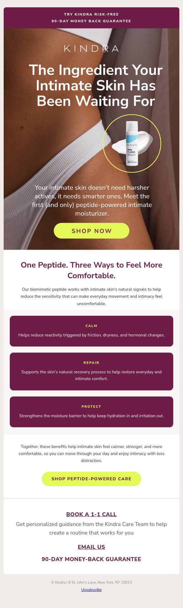The First Peptide-Powered Intimate Moisturizer email from Kindra screenshot