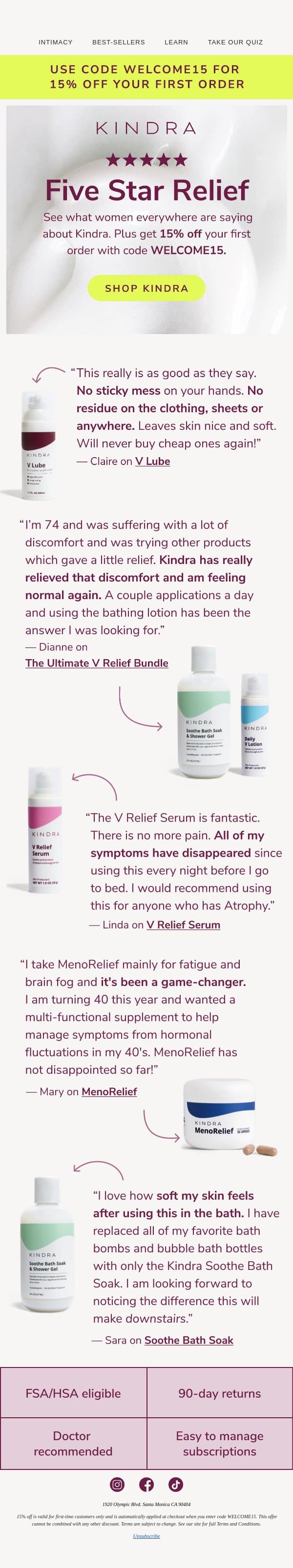 "All of my symptoms have disappeared!" email from Kindra screenshot