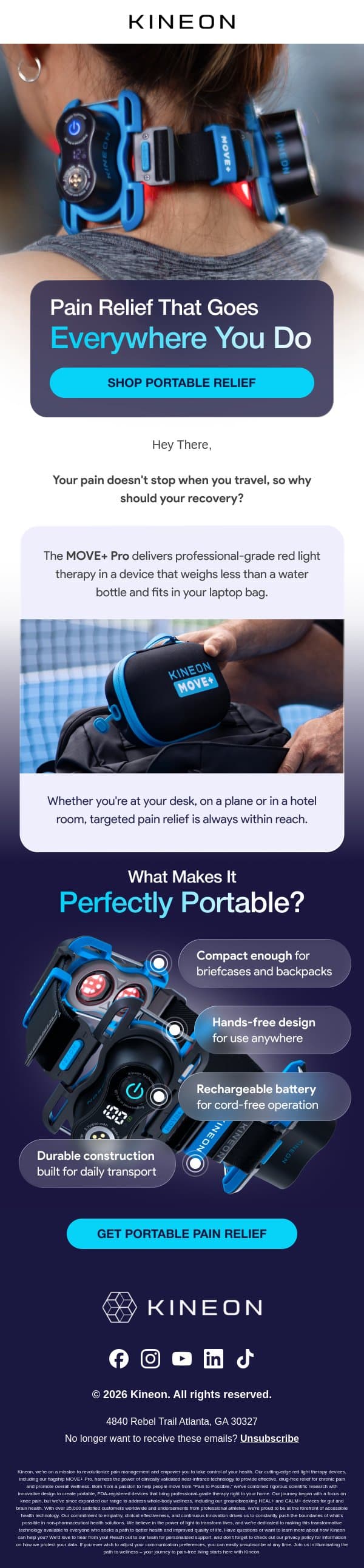 Professional-grade pain relief that fits in your bag email from Kineon screenshot
