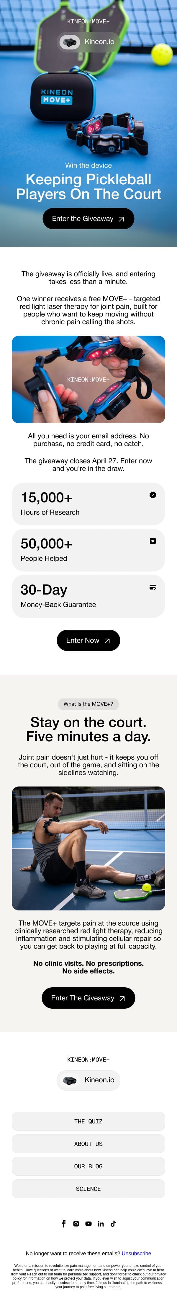 The giveaway is live - enter to win a free MOVE+ email from Kineon screenshot