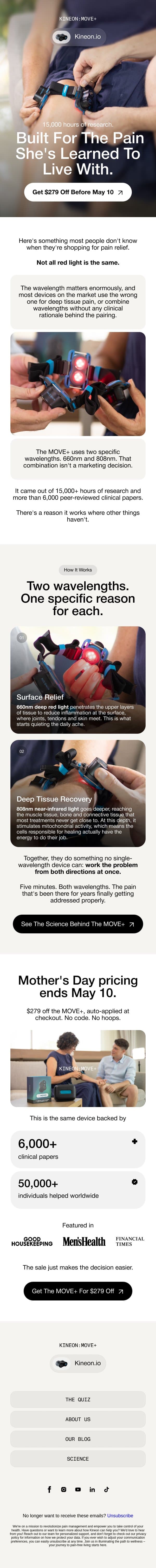 The science behind her pain relief gift, plus $279 off email from Kineon screenshot