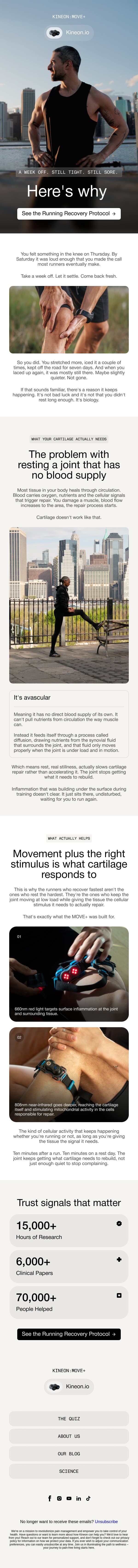 Rest isn't always the answer for runner's knee email from Kineon screenshot