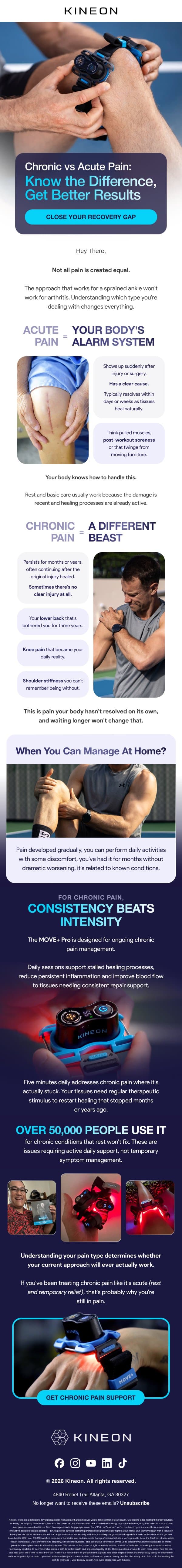 Is your pain chronic or acute? The difference matters. email from Kineon screenshot