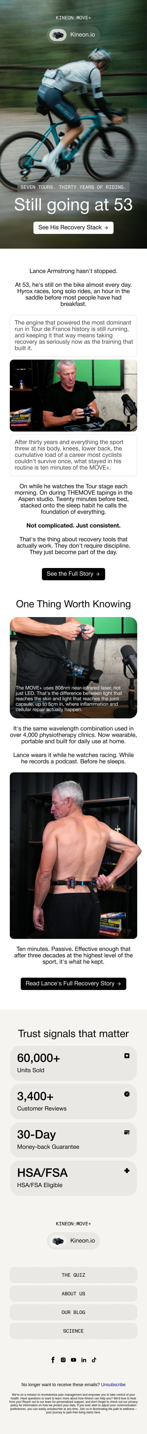 Lance Armstrong still rides every day at 53 email from Kineon screenshot