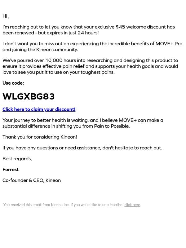 Last Call: $45 Off Ends in 24 Hours! email from Kineon screenshot