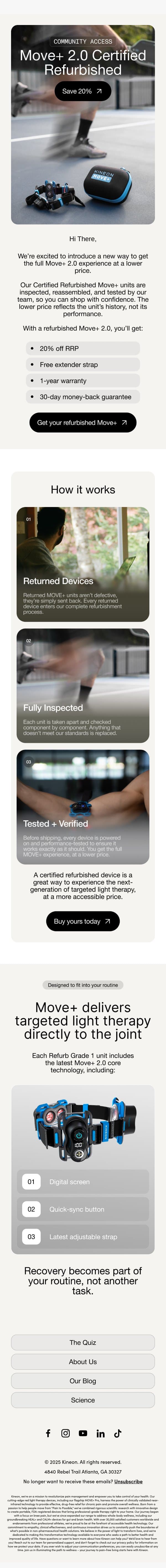 Refurbished Move+ 2.0: Your pain relief awaits! email from Kineon screenshot