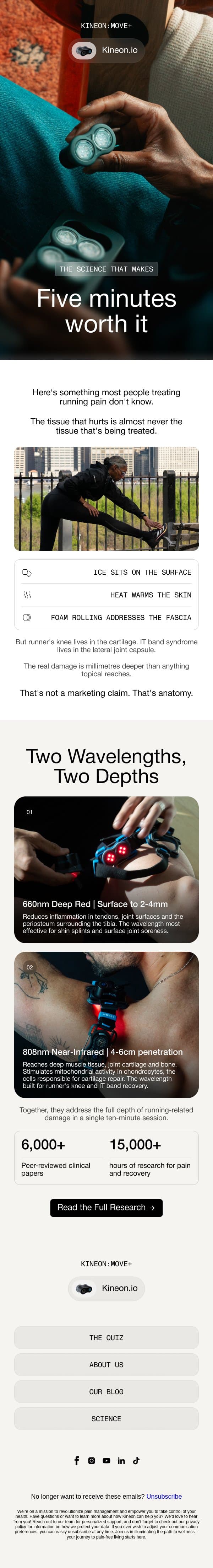 The science that makes 5 minutes actually worth it for runners email from Kineon screenshot