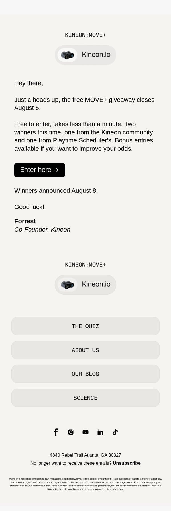 The giveaway closes next Thursday email from Kineon screenshot