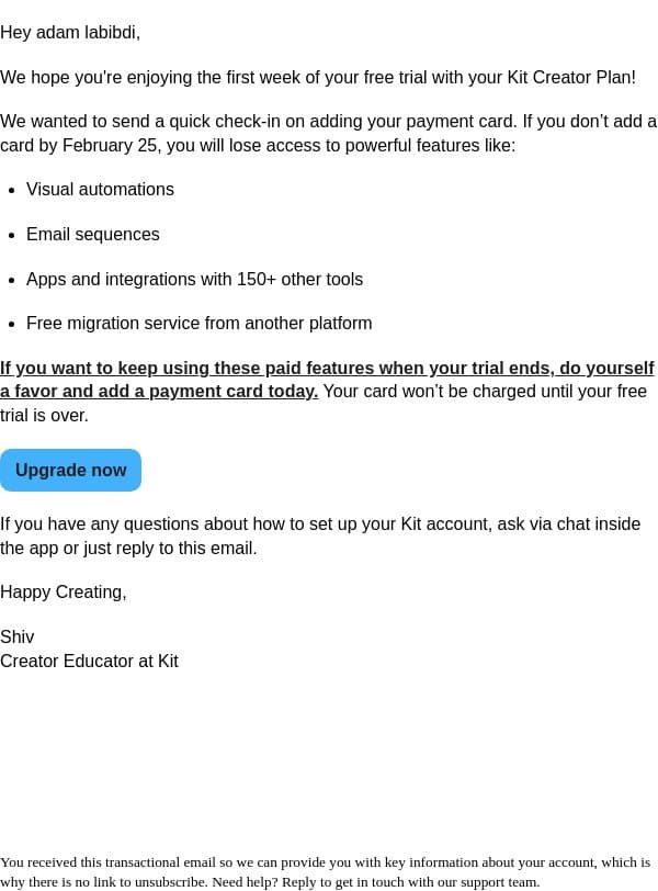 Your trial is half over: Do this next email from Kit screenshot