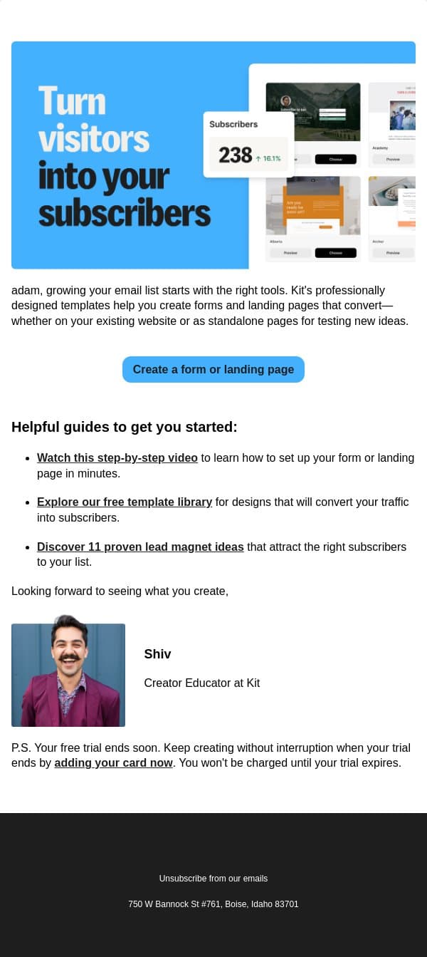 📬 Create your first landing page or form today email from Kit screenshot
