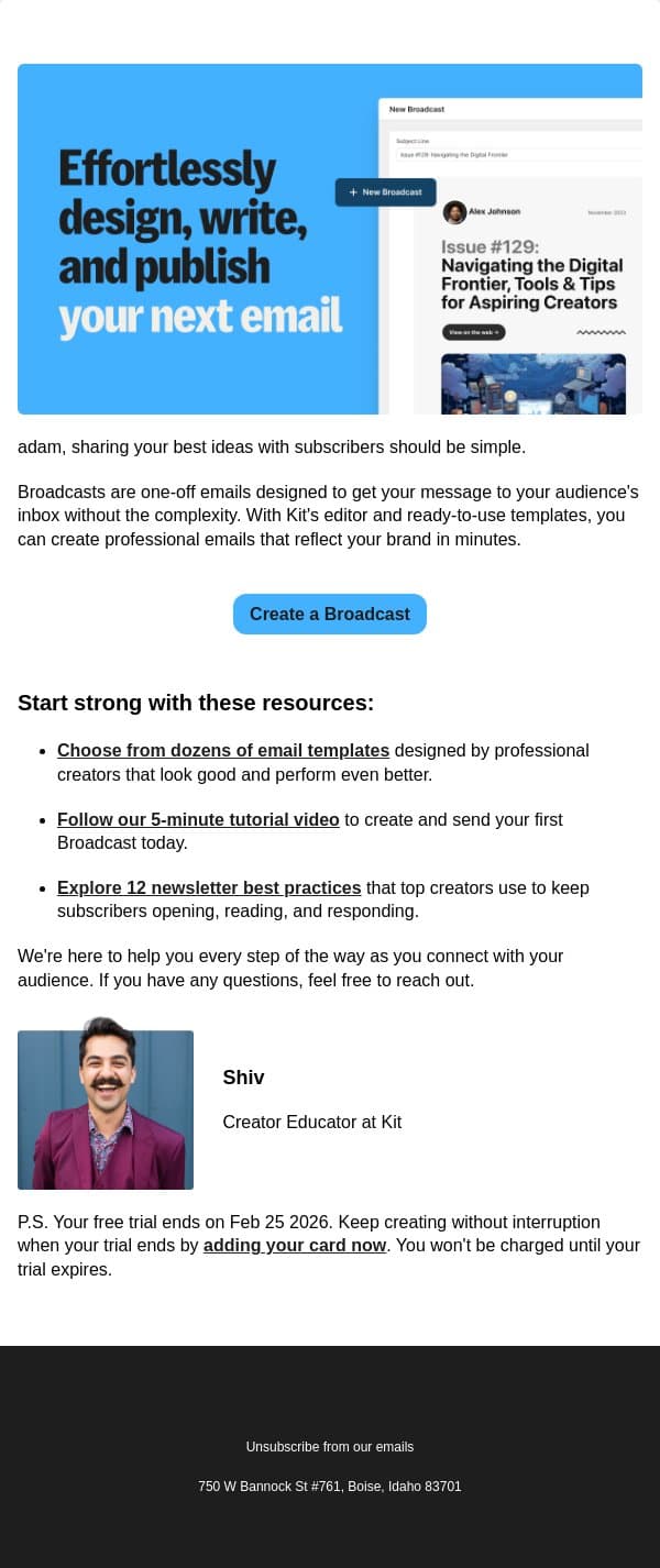 📬 adam, reach your subscribers directly with Broadcasts email from Kit screenshot