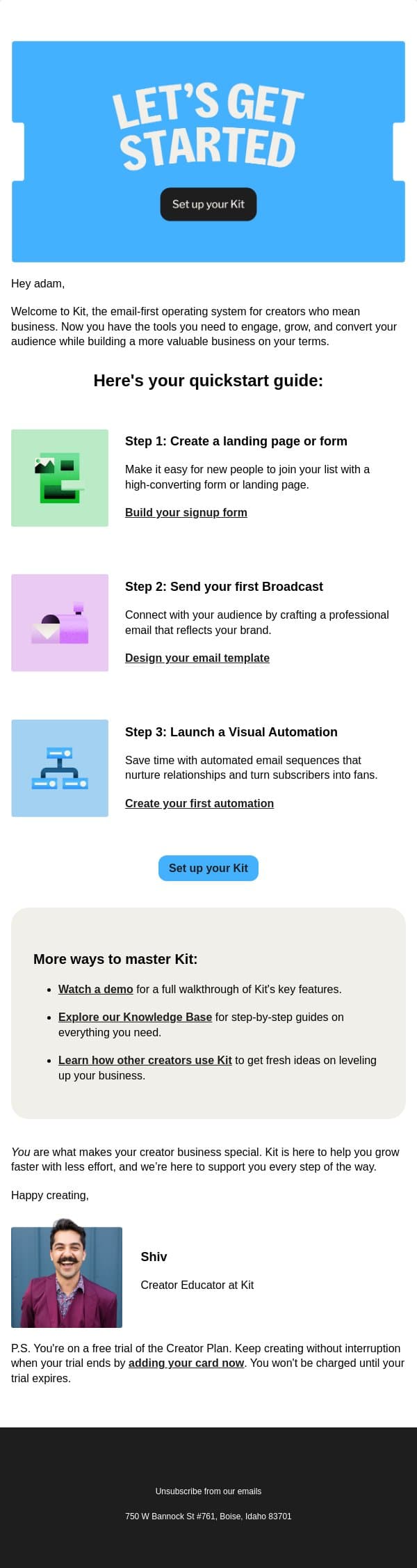 📬 Welcome to Kit, adam email from Kit screenshot