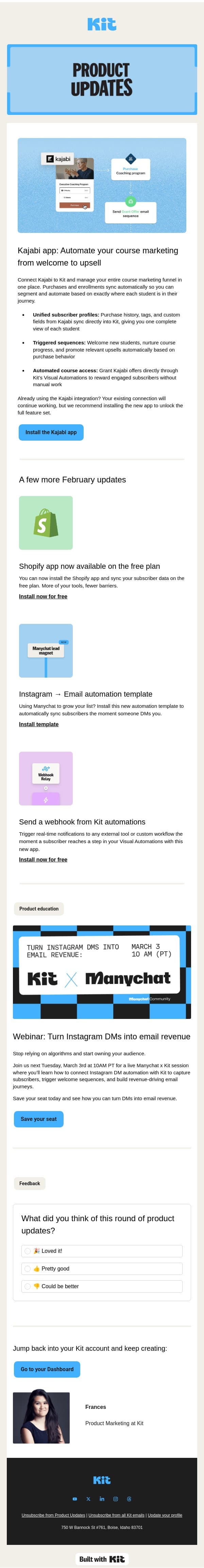 Kit Product Updates: February 2026 email from Kit screenshot