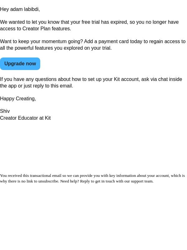 Your free trial has expired email from Kit screenshot