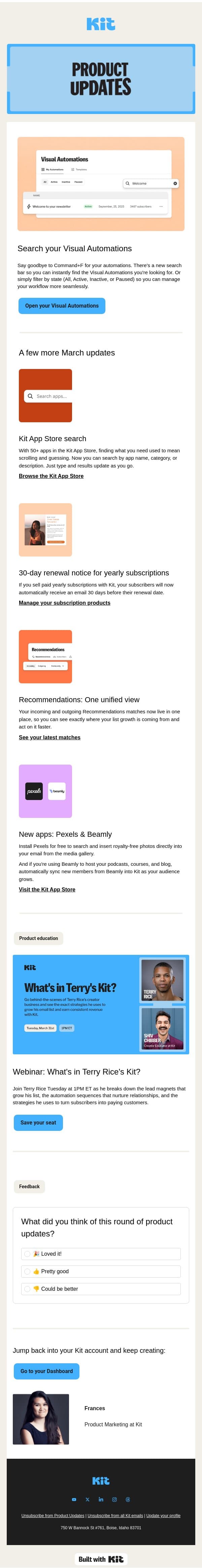 Kit Product Updates: March 2026 email from Kit screenshot