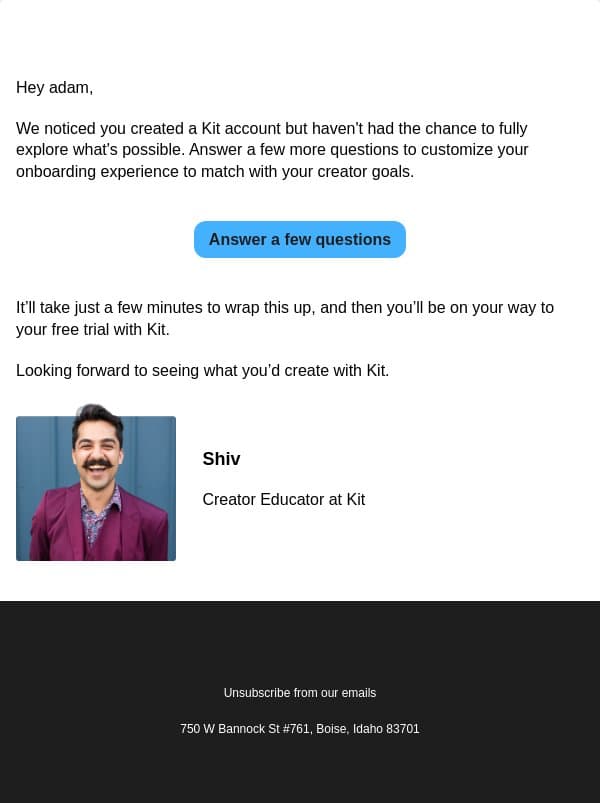 Just a few questions left… email from Kit screenshot