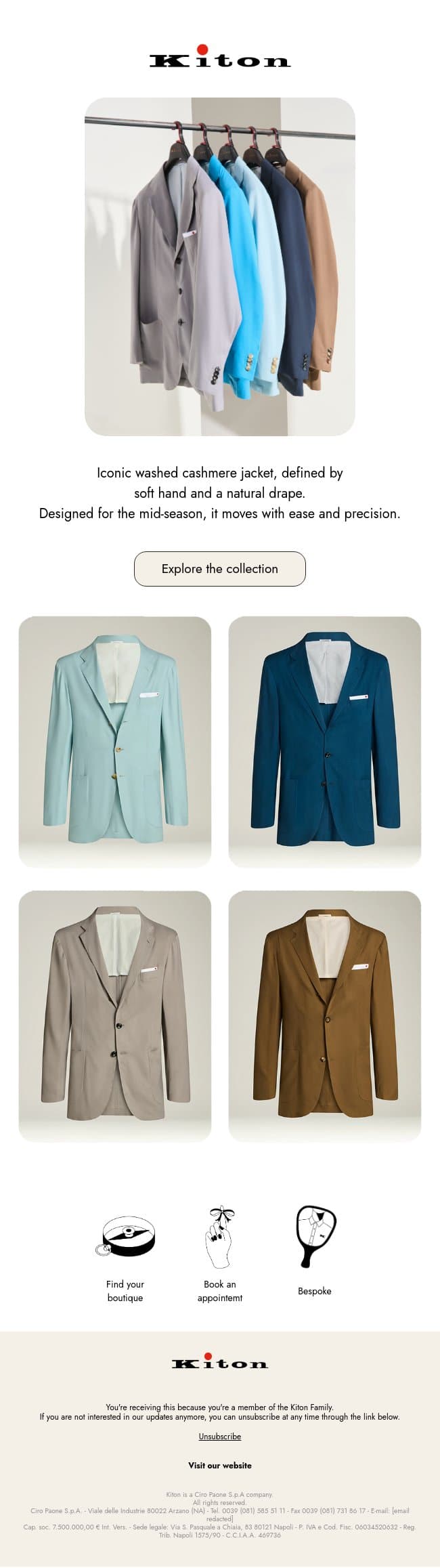 Combed Cashmere, Refined Ease email from Kiton screenshot