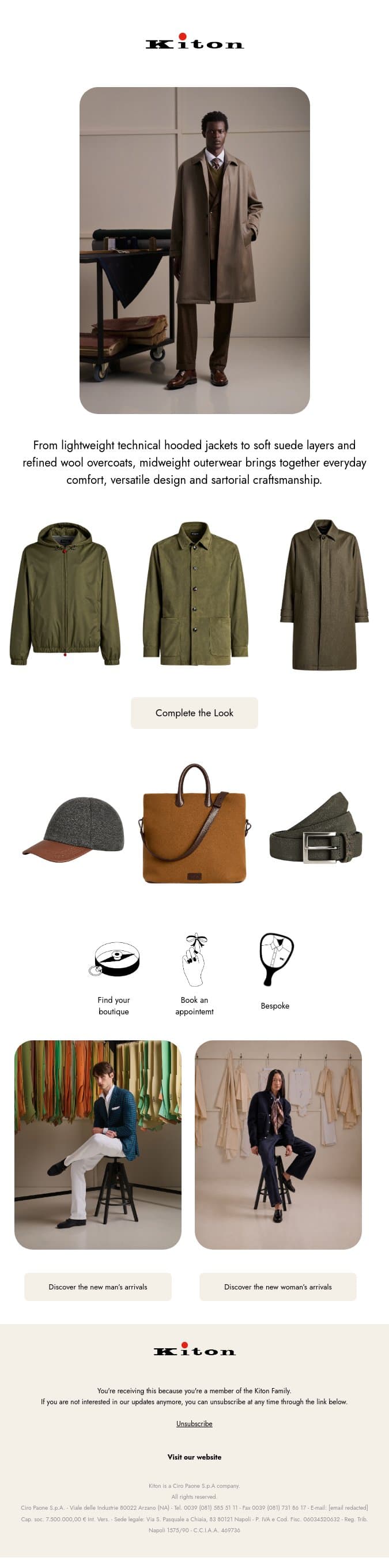 Midweight Outerwear email from Kiton screenshot
