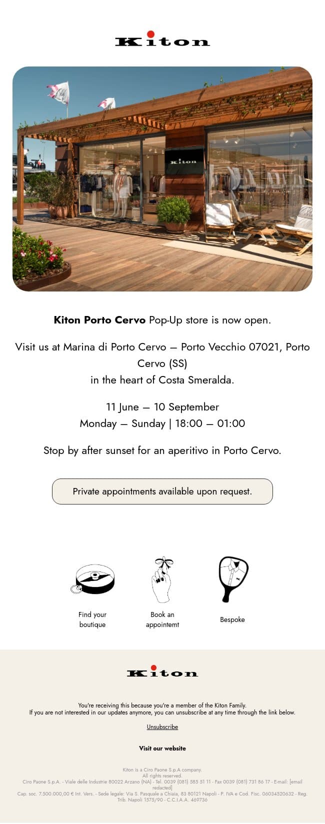 Porto Cervo email from Kiton screenshot