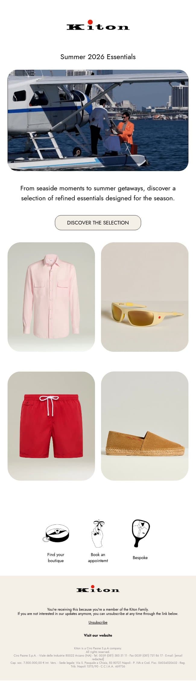 Summer 2026 Essentials email from Kiton screenshot