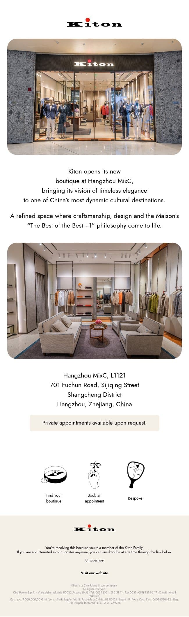 Hangzhou email from Kiton screenshot