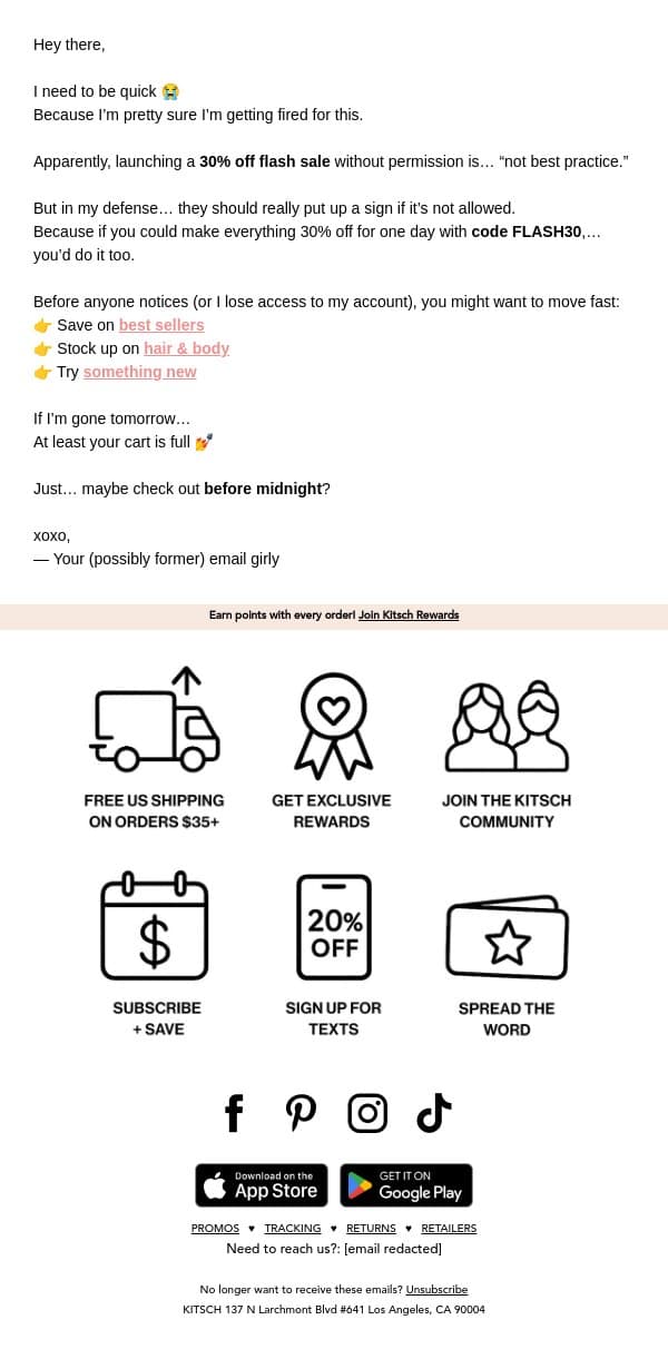 30% off everything… I might get fired 😭 email from Kitsch screenshot