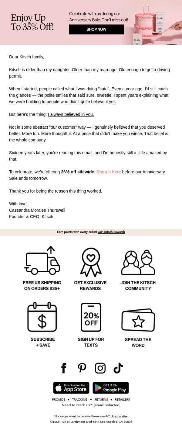 "16 Years. That's Wild." email from Kitsch screenshot