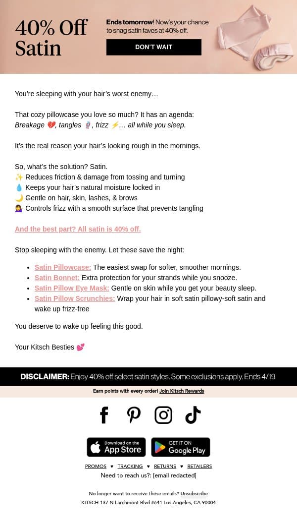 POV: You’re sleeping with your hair’s worst enemy 💔 email from Kitsch screenshot