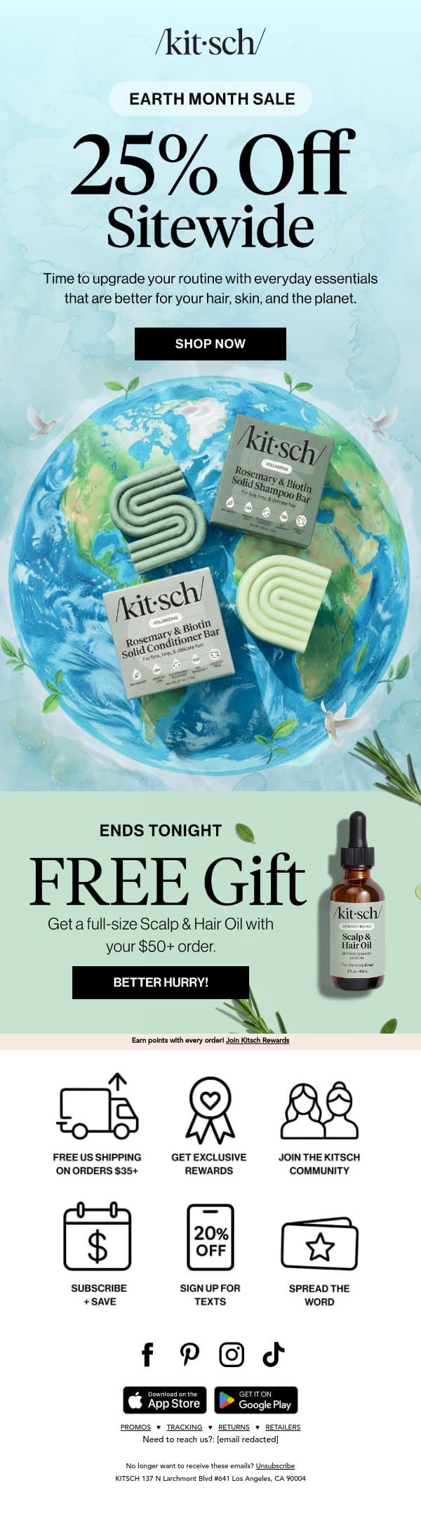 25% Off for Earth Month + FREEBIE Last Call 🌎 email from Kitsch screenshot