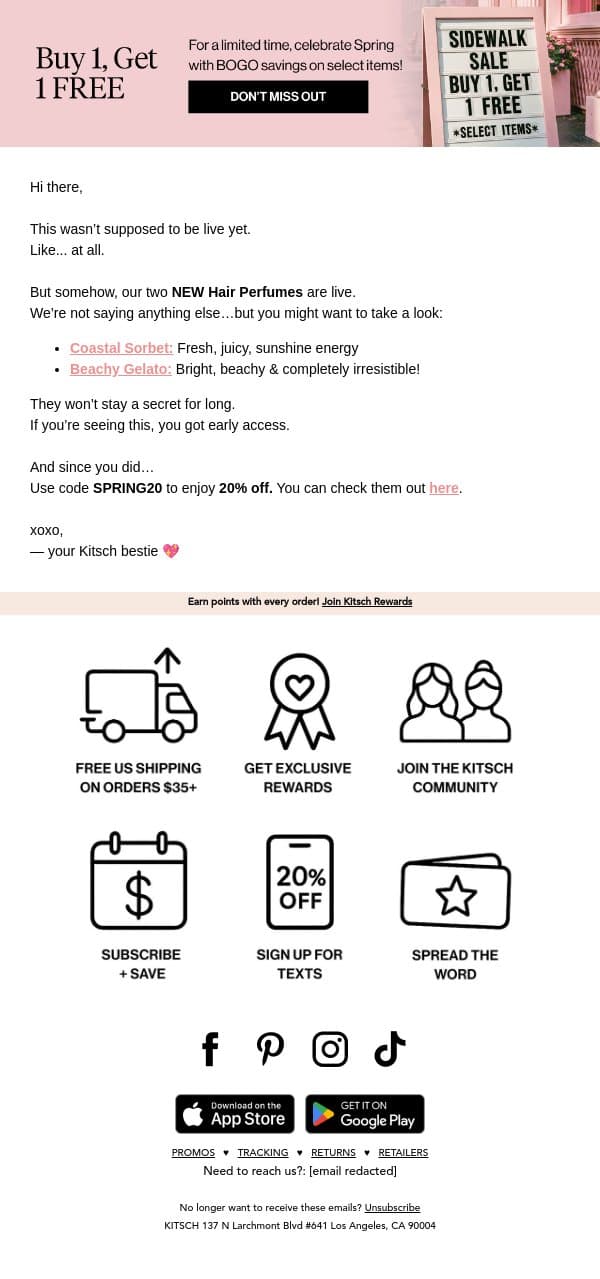 SECRET DROP 🤫 Your New Hair Perfumes email from Kitsch screenshot