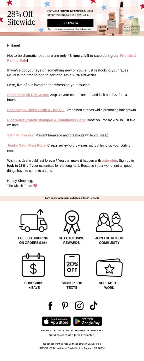 28% Off Sitewide Ends Tomorrow! 🏃‍♀️ email from Kitsch screenshot