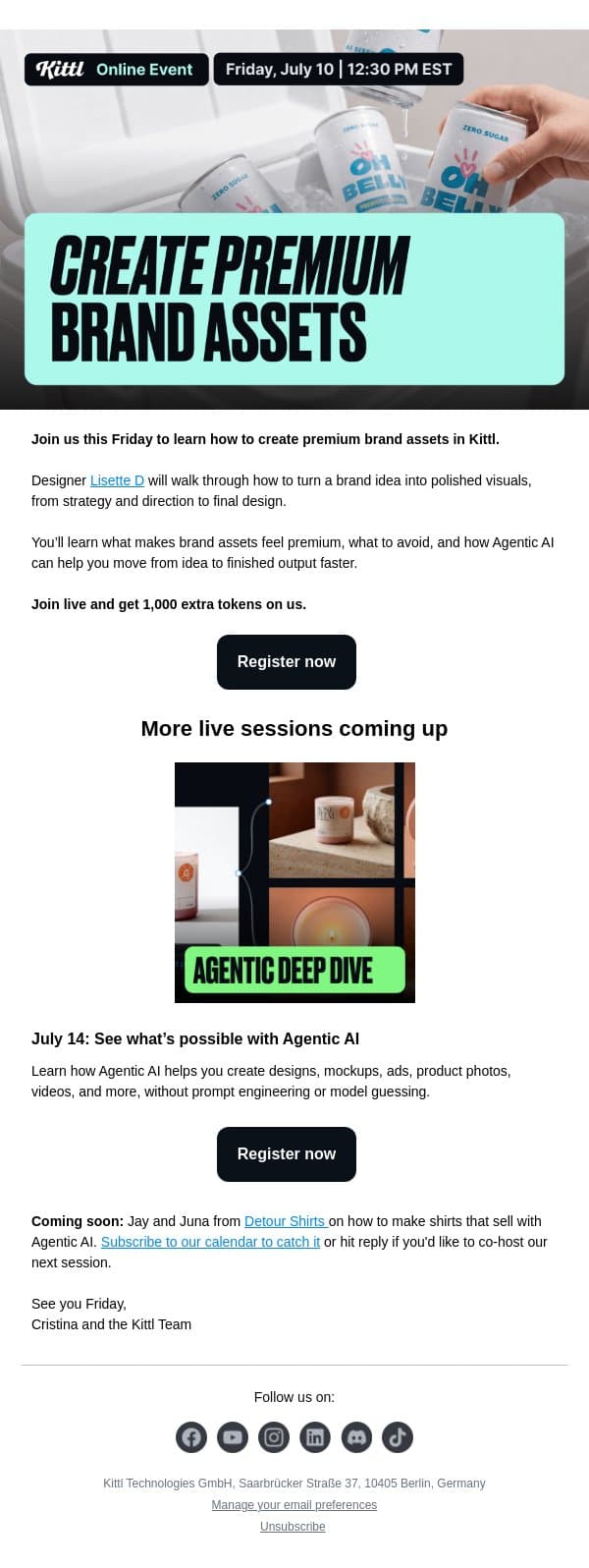 Live event: How to build a premium brand in Kittl email from Kittl screenshot
