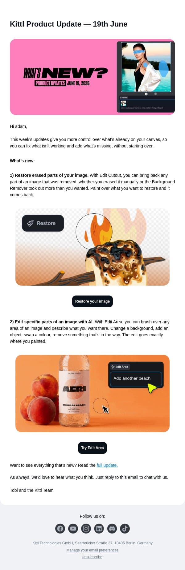 New in Kittl: Fix backgrounds. Edit anything. Right in the image. email from Kittl screenshot
