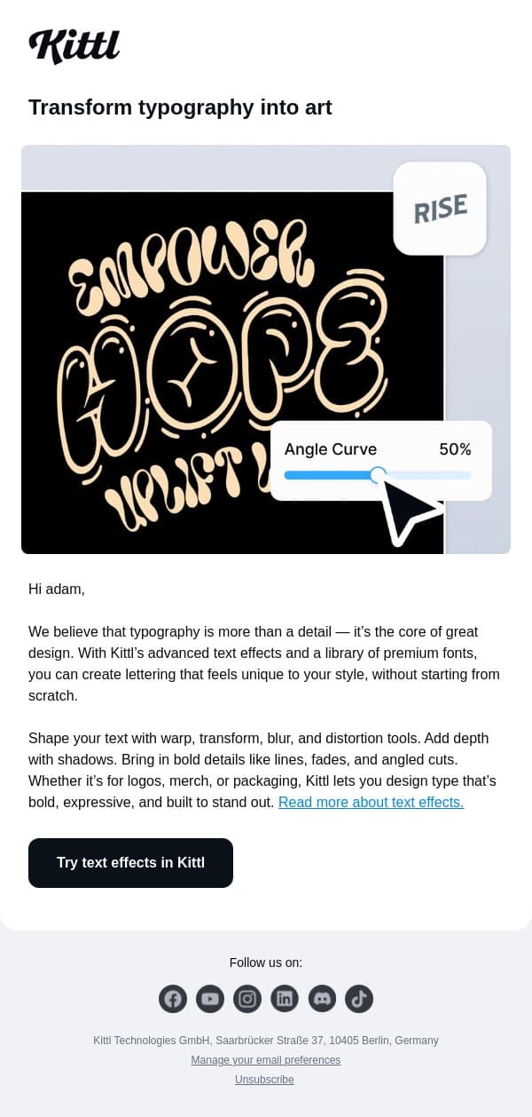 Transform typography into art email from Kittl screenshot