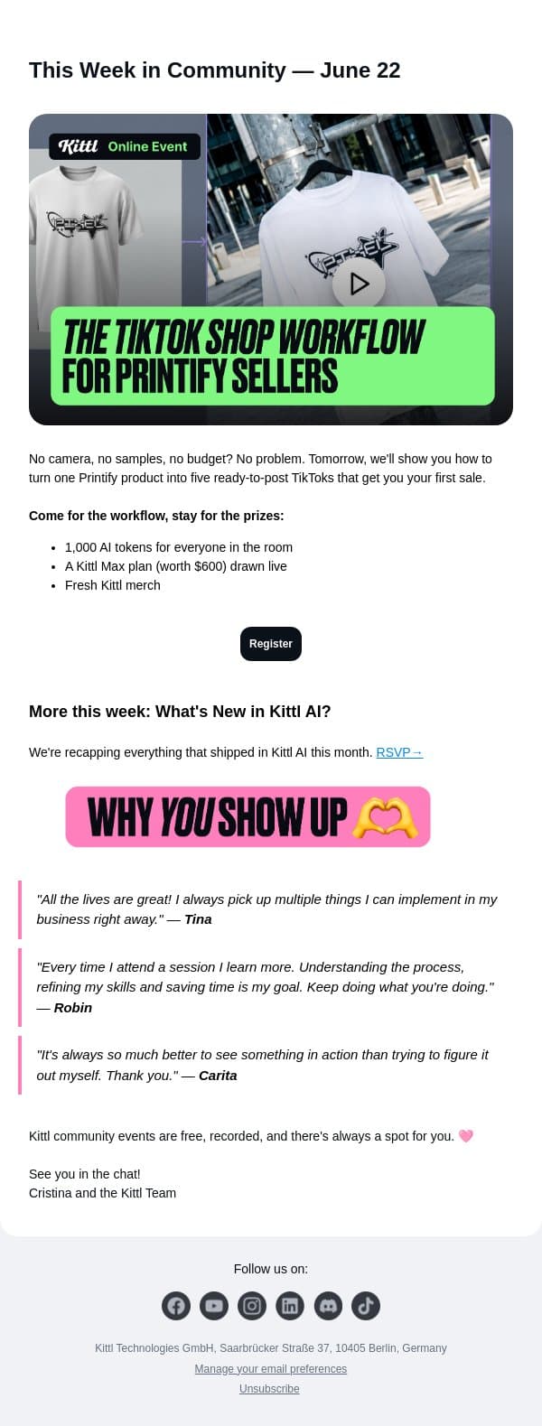 Watch us build 5 TikToks from one product live email from Kittl screenshot