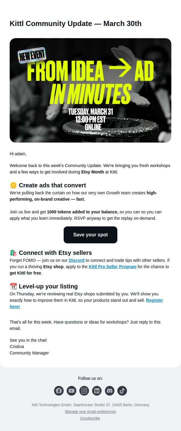 This week's workshops email from Kittl screenshot