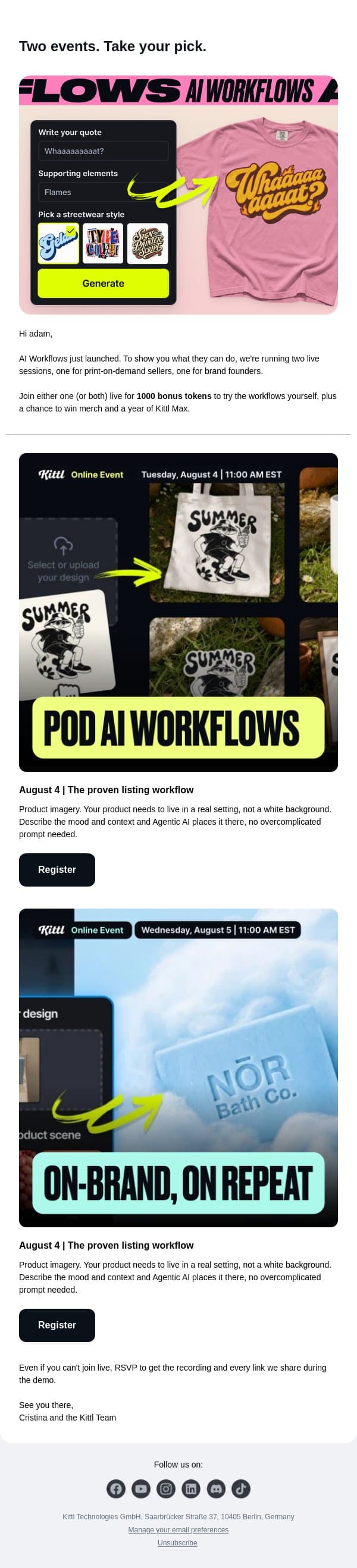 Learn how to use AI Workflows, live email from Kittl screenshot