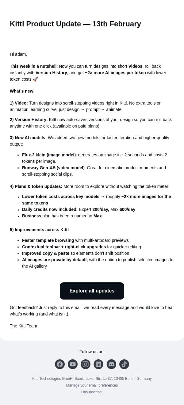 New in Kittl: Video, Version History, and more AI images per token email from Kittl screenshot