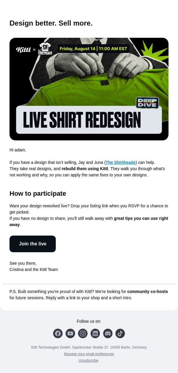 Your POD design, rebuilt live email from Kittl screenshot