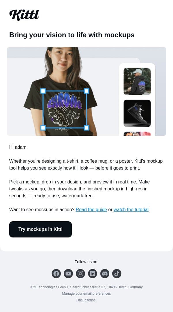 Bring your vision to life with mockups email from Kittl screenshot