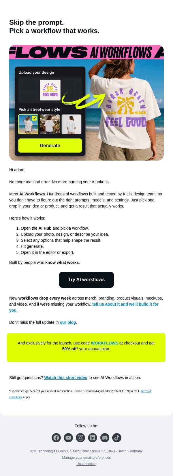New in Kittl: AI Workflows email from Kittl screenshot