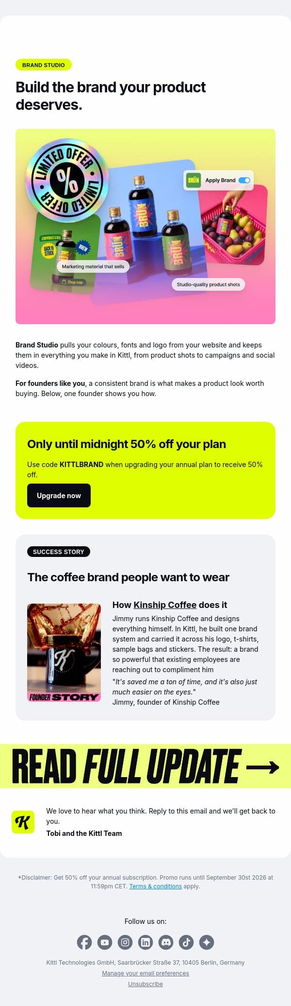 50% off your plan. Here's why it's worth it. email from Kittl screenshot