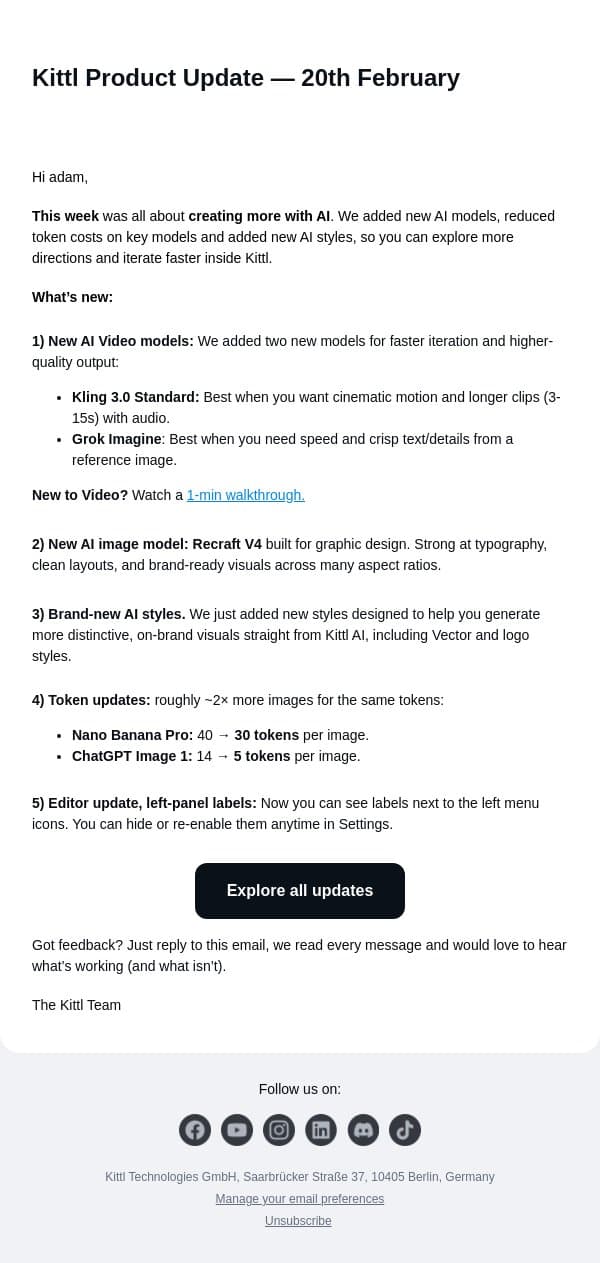 New in Kittl: AI Models, lower image token costs email from Kittl screenshot