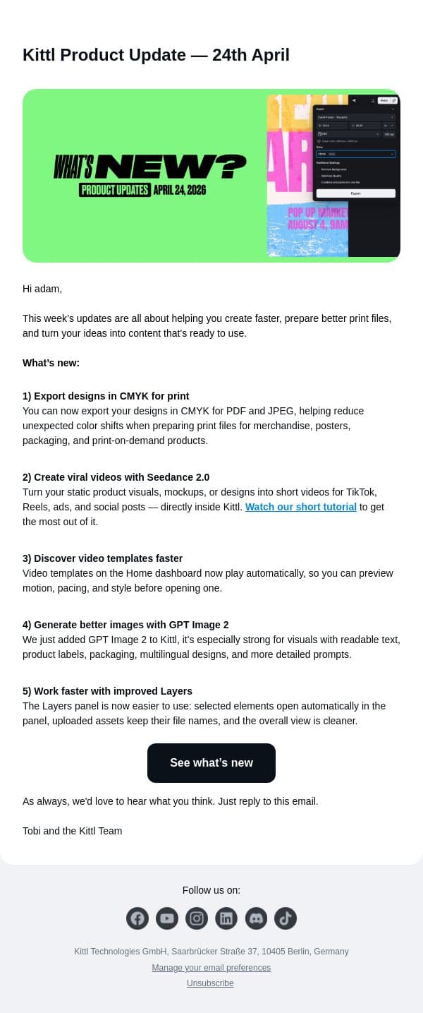 New in Kittl: CMYK export, Seedance 2.0, GPT Image 2 & more email from Kittl screenshot