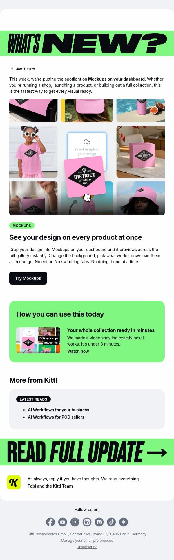 What's new: see your design on every product at once email from Kittl screenshot