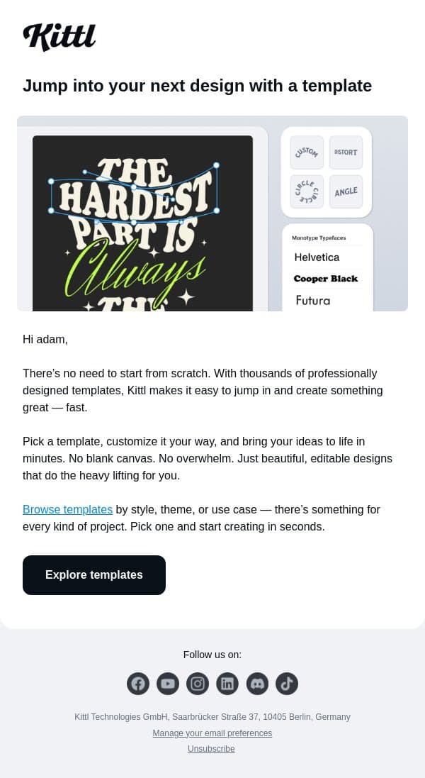 Find your next design in seconds email from Kittl screenshot