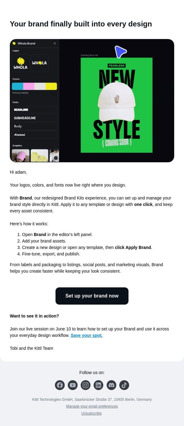 Keep your designs on brand email from Kittl screenshot