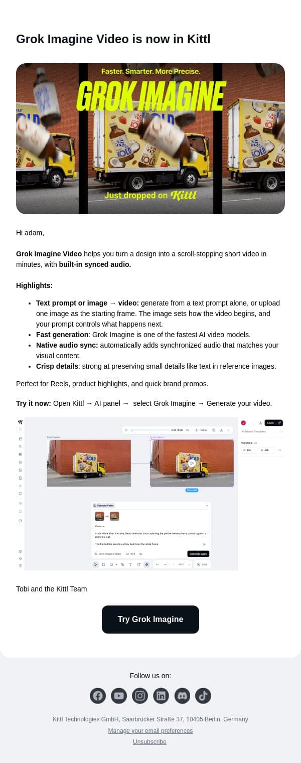 Grok Imagine Video is now in Kittl email from Kittl screenshot