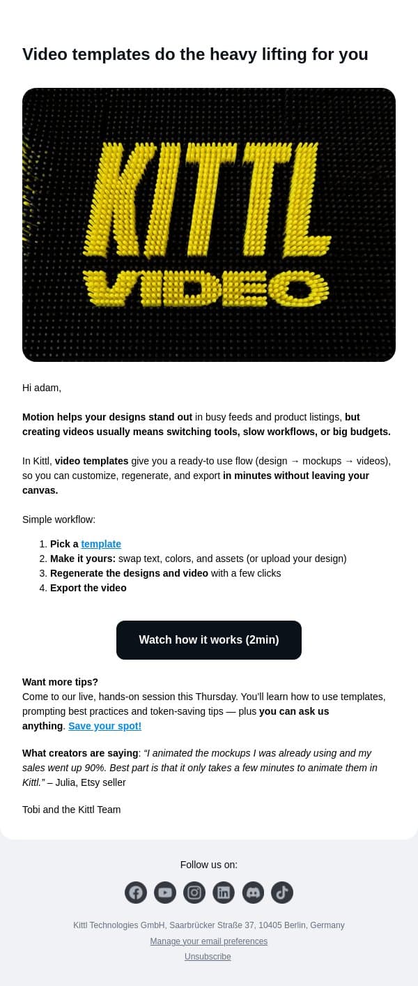 Add motion in minutes, right on your canvas email from Kittl screenshot