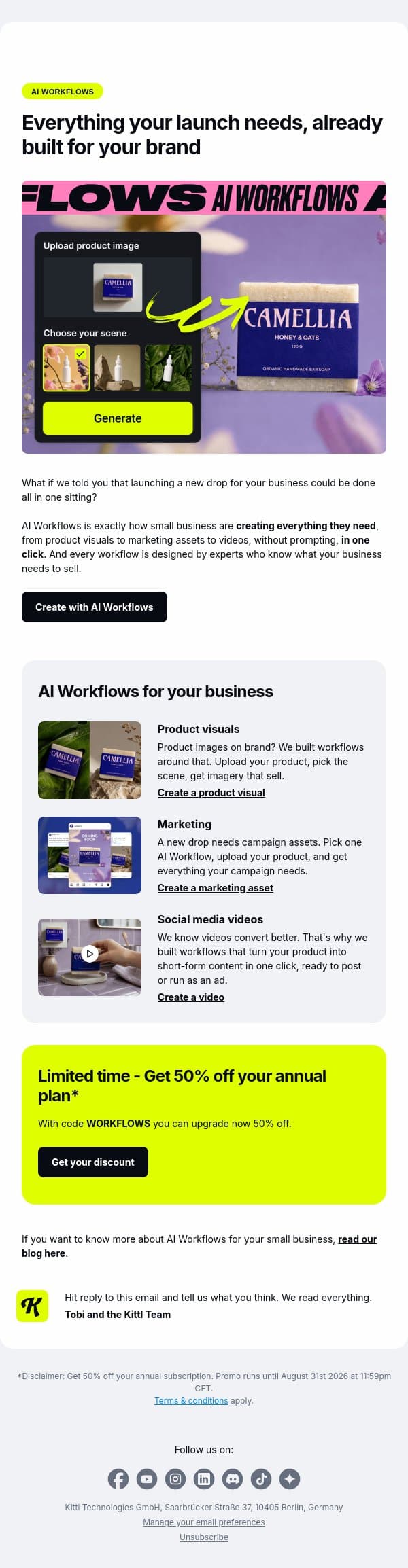 Launching a new drop for your business? Now done in minutes email from Kittl screenshot